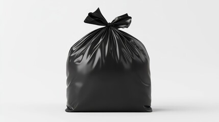 Tied Black Plastic Garbage Bag on White Background.