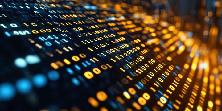 Binary Code Flow: A mesmerizing abstract of binary code in blue and gold,  illuminated with a luminous glow.  The visual representation of the digital world. 