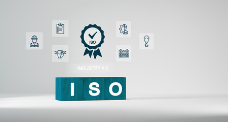 Concept of industry 4.0 with icons on wooden cubes. Intelligent industry automation robot assistant iot cloud and big data.