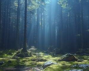 Obraz premium Sunbeams illuminate a mystical forest path.
