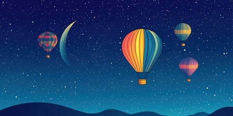 Colorful Hot Air Balloons Soar Across a Starry Night Sky