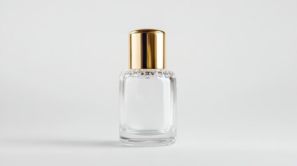 Naklejka premium Clear glass bottle with golden cap set against a minimalist light background, ideal for showcasing fragrances, oils, or cosmetics in product photography and advertisements.