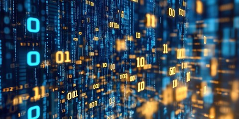Digital Data Flow: An abstract and captivating digital background featuring a mesmerizing flow of binary code in vibrant blue and orange hues.