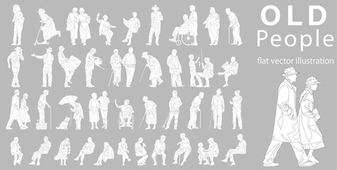 Flat vector illustration collection old people monochrome version