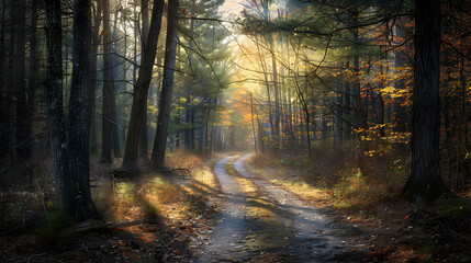 A Serene Hiking Trail Bathed in Dappled Sunlight Amidst the Vibrant Foliage of a New Jersey Forest