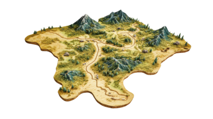 Terrain of plain with green slopes, nature map on transparent background