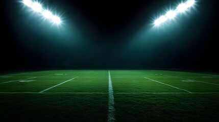 Football field illuminated by stadium lights with copy space on dark background