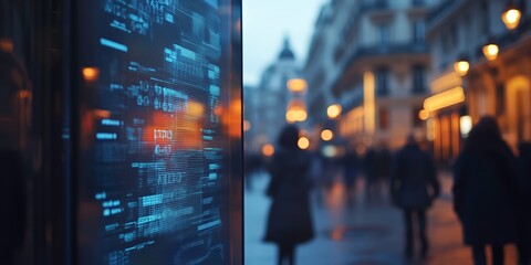 Fototapeta premium Urban Data Stream: A close-up shot of a digital display showcasing a dynamic stream of data, subtly blurred city streets and pedestrians in the background.