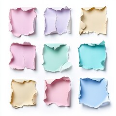 Fototapeta premium Nine Pastel Torn Paper Squares Isolated on White Background.
