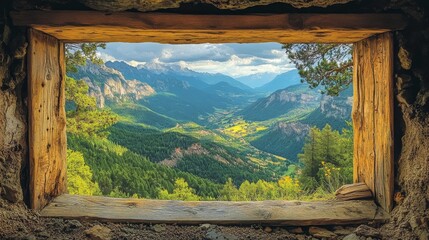 Mountain Valley View Framed In Rustic Wooden Window