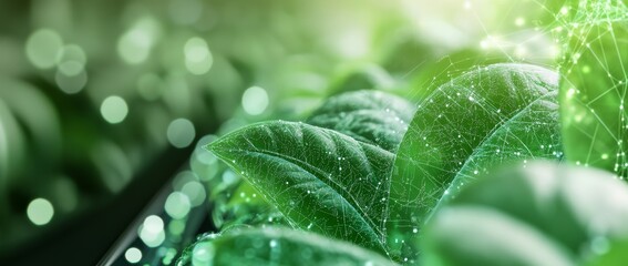 Advanced computer screen displays detailed plant data surrounded by green leaves, highlighting digital collaboration in modern agriculture technology