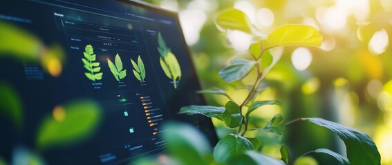 Advanced computer screen displaying plant data amidst green leaves showcasing modern agriculture and digital collaboration among farmers