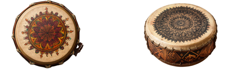  A drum with an Indian mandala design on it, against a transparent background