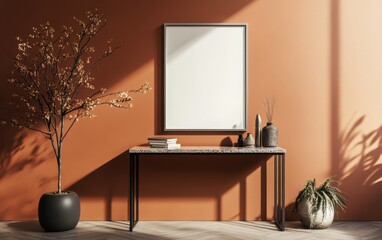 A silver frame on a burnt orange wall, with a dark wood console table featuring a terrazzo surface, modern minimalist interior design with Scandinavian influences, soft indoor lighting, a 3D render