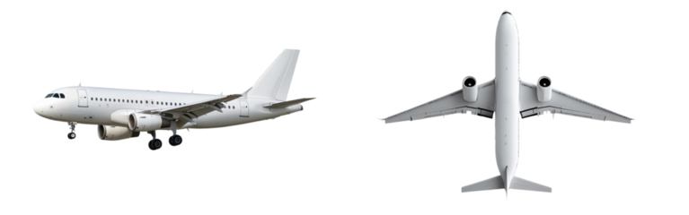  A white airplane flying isolated on a transparent background