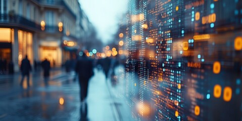Obraz premium Urban Data Flow: A blurred cityscape, bustling with anonymous pedestrians, stands juxtaposed with a digital stream of data, showcasing the invisible forces shaping our urban lives.