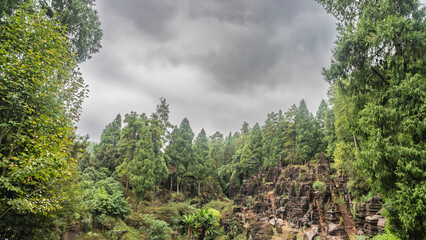 Fototapeta premium The unique Red Stone Forest National Geopark. Bizarre karst rocks with layered structure and undulating surface are surrounded by green vegetation. Clouds in the sky. China. Hunan Province 