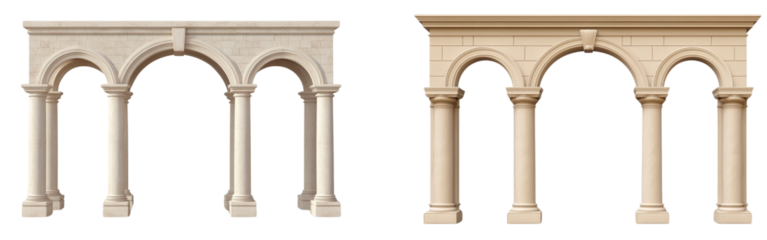  An arch with columns on each side, architectural design elements, beige color isolated on a transparent background