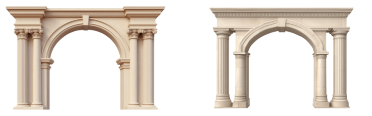  An arch with columns on each side, architectural design elements, beige color isolated on a transparent background
