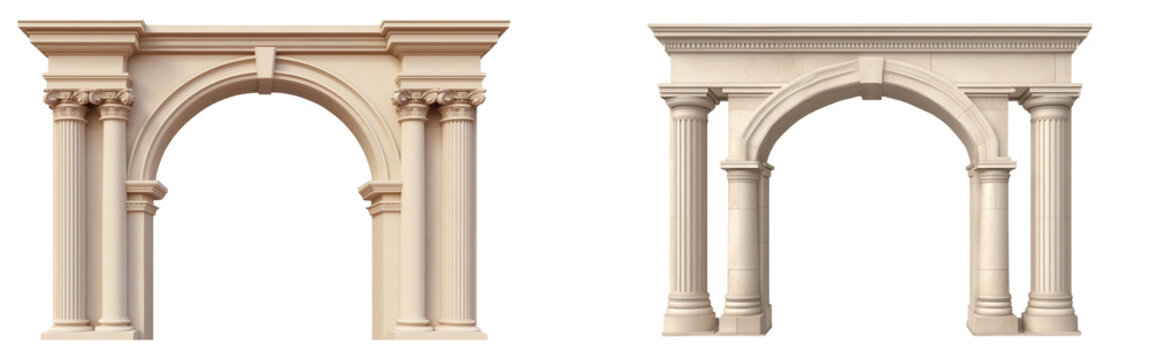  An arch with columns on each side, architectural design elements, beige color isolated on a transparent background