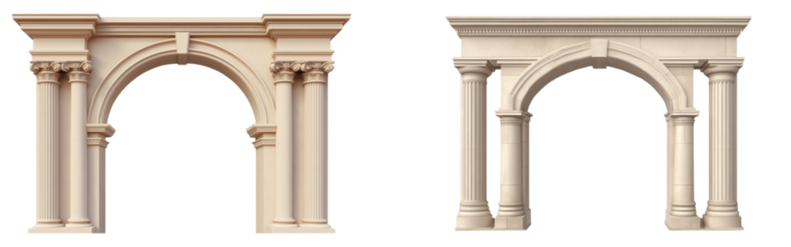 An arch with columns on each side, architectural design elements, beige color isolated on a transparent background