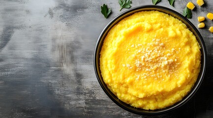 Polenta corn meal dish with copy space, top view of healthy homemade porridge, traditional Italian cornmeal cuisine, gourmet dinner plate, delicious yellow maize food 