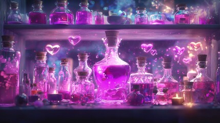 Enchanting Display of Colorful Bottles with Glittering Liquids and Heart Shapes in a Mystical Setting