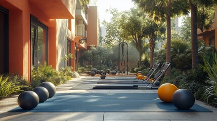 Outdoor fitness area with equipment and yoga mats.