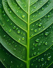 Close-up of a lush green leaf glistening with water droplets.