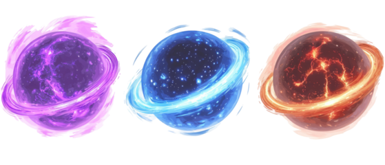 Luminous purple, blue, and orange ringed planets in cosmic scene