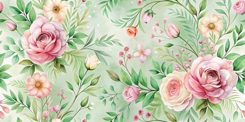 A Delicate Watercolor Floral Pattern Featuring Roses, Buds, and Lush Greenery on a Soft Green Background