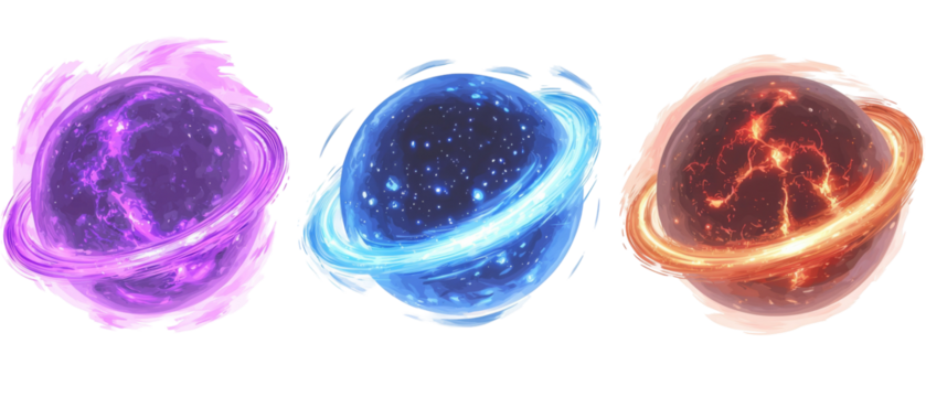Luminous purple, blue, and orange ringed planets in cosmic scene