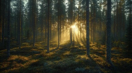 Fototapeta premium Sun rays through misty pine forest at sunrise.