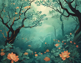 Enchanted Forest with Blossoming Flowers