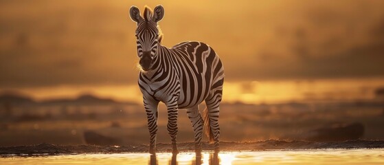 Obraz premium Majestic zebra standing in shallow water during golden hour, with a serene landscape in the background