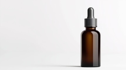 Brown glass dropper bottle with gray cap on white background for essential oils, serums, and liquid products in a clean and modern design setting