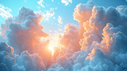 Sun shining through fluffy clouds, aerial view