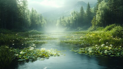 Obraz premium Serene misty mountain lake with lush vegetation and water lilies.