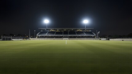 Empty football stadium under bright lights, showcasing the quiet anticipation before a major event, symbolizing preparation and the calm before the excitement