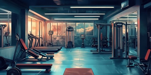 Fototapeta premium Serene Evening Gym Interior with Modern Fitness Equipment