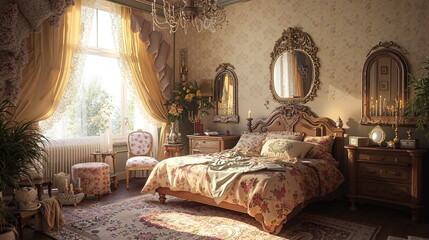Elegant floral bedroom with a vintage bed, charming chandelier, soft pastel colors, and natural light pouring in from large windows.
