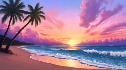 Serene Tropical Beach at Sunset with Palm Trees and Vibrant Sky