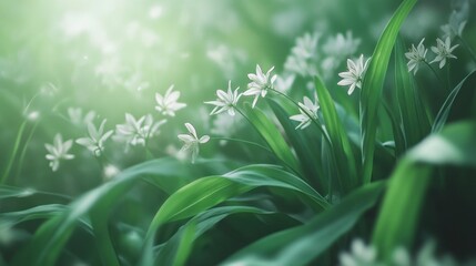 Fototapeta premium Blooming Wildflowers in Soft Focus Green Background Nature Scene