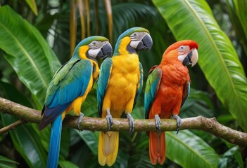 Obraz premium Three Vibrant Macaws Perched on a Branch in Lush Tropical Foliage