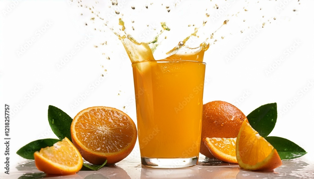 Canvas Prints Refreshing orange juice splashing into a glass, surrounded by juicy oranges and vibrant green leaves.