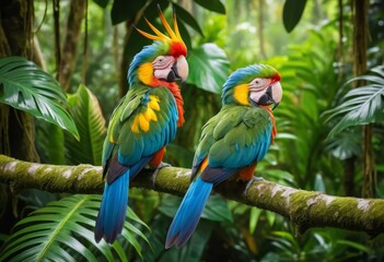 Fototapeta premium Two Vibrant Macaws Perched on a Mossy Branch in Lush Tropical Rainforest