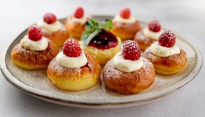 Sweet raspberry and cream topped mini pancakes.