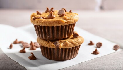 Two delicious peanut butter chocolate chip muffins stacked on a white surface.