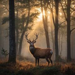 An enchanting scene of a majestic red deer standing gracefully in a misty forest at dawn. The morning sun bathes the landscape in a warm golden glow, casting long, soft shadows through the trees.

