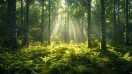 Obraz premium Sunbeams illuminate a serene birch forest floor covered in lush green ferns.